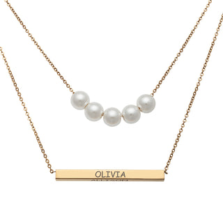 Stainless Steel Pearls and Engraved Gold Bar Layered Necklace