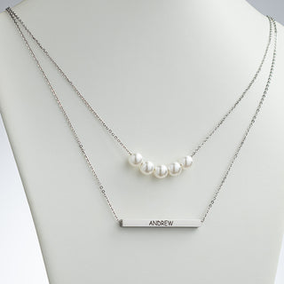 Stainless Steel Pearls and Engraved Bar Layered Necklace