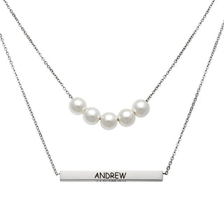 Stainless Steel Pearls and Engraved Bar Layered Necklace