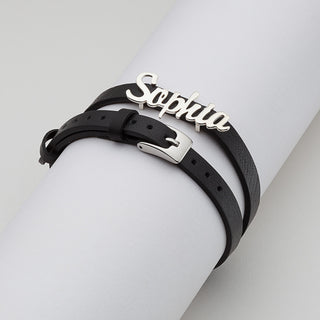 Sterling Silver Script Name Leather Wrap Bracelet and Choker