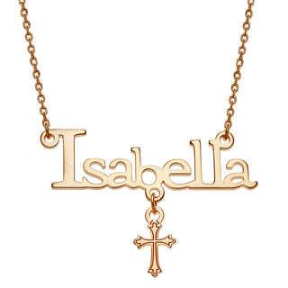 14K Gold over Sterling Name with Cross Charm Necklace