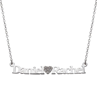 Sterling Silver Couples Name and Pave CZ Heart Necklace