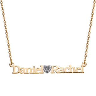 14K Gold over Sterling Couples Name and Pave CZ Heart Necklace
