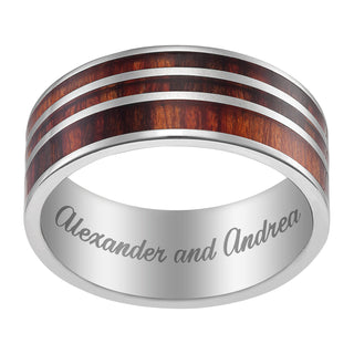 Stainless Steel Men's Engraved Triple Row Wood Ring