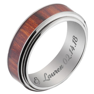 Stainless Steel Men's Engraved Wood Spinner Band