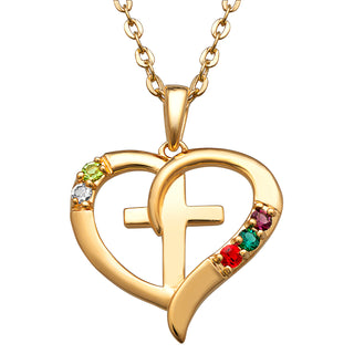 14K Gold over Sterling Family Heart and Cross Birthstone Pendant