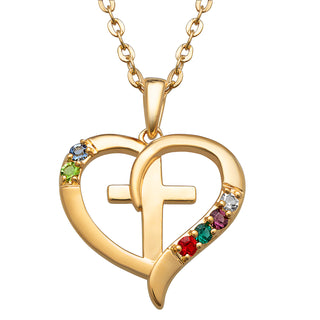 14K Gold over Sterling Family Heart and Cross Birthstone Pendant