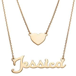 14K Gold over Sterling Script Name and Heart Layered Double Necklace