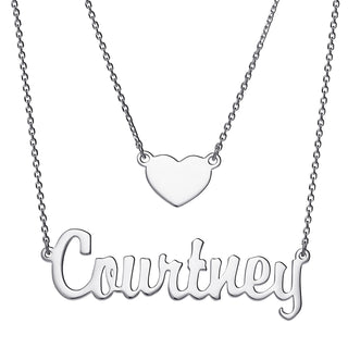 Sterling Silver Script Name and Heart Layered Double Necklace