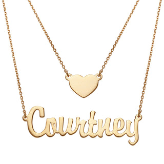 14K Gold over Sterling Script Name and Heart Layered Double Necklace
