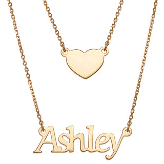 14K Gold over Sterling Name and Heart Layered Double Necklace