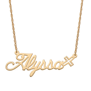 14K Gold over Sterling Script Name with Cross Necklace