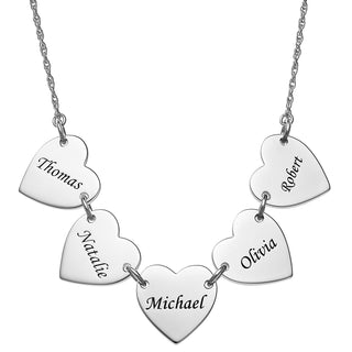 Sterling Silver Engraved Name Heart Station Necklace - 5 Names