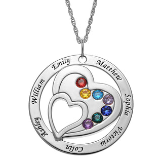 Sterling Silver Engraved Family Name and Birthstone Necklace