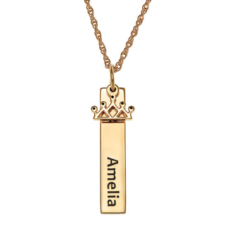14K Gold over Sterling Name Tag with Crown Charm Necklace