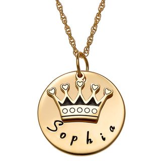 14K Gold over Sterling Name Disc with Crown Charm Necklace