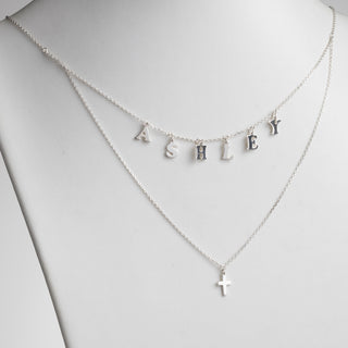 Sterling Silver Layered Name and Cross Double Necklace