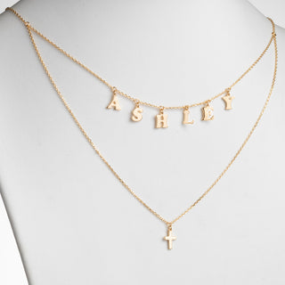 14K Gold over Sterling Layered Name and Cross Double Necklace