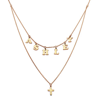 14K Gold over Sterling Layered Name and Cross Double Necklace