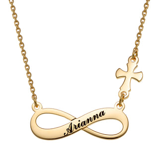 14K Gold over Sterling Engraved Name Infinity with Cross Necklace