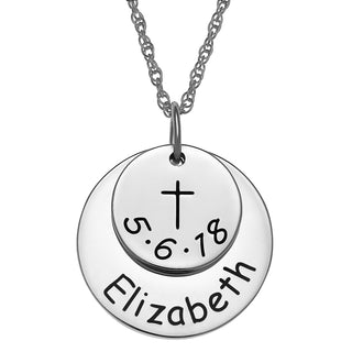 Sterling Silver Name and Date Discs with Cross Necklace