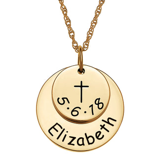 14K Gold over Sterling Name and Date Discs with Cross Necklace