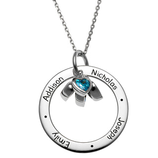 Sterling Silver Engraved Family Names Circle with Heart Birthstones Necklace