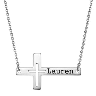 Sterling Silver Engraved Name Sideways Cross Necklace