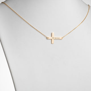 14K Gold over Sterling Personalized Name Sideways Cross with Heart Necklace