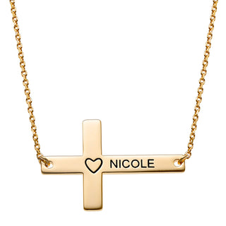 14K Gold over Sterling Personalized Name Sideways Cross with Heart Necklace