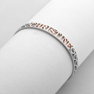 Two-Tone Sterling Silver and 14K Rose Gold Plated Name Cuff with Hearts