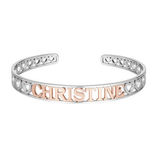 Two-Tone Sterling Silver and 14K Rose Gold Plated Name Cuff with Hearts