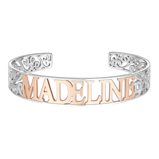 Two-Tone Sterling Silver and 14K Rose Gold Name Plated Cuff with Filigree Design
