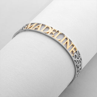 Two-Tone Sterling Silver and Yellow Gold Name Cuff with Filigree Design