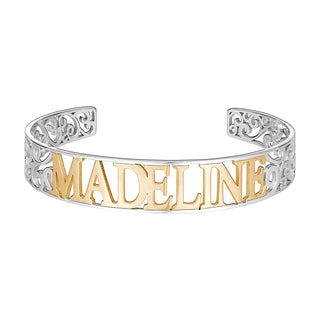 Two-Tone Sterling Silver and Yellow Gold Name Cuff with Filigree Design
