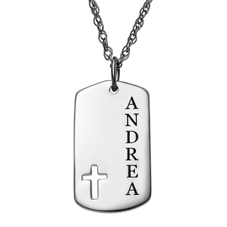 Sterling Silver Petite Engraved Dog Tag with Cut out Cross Pendant