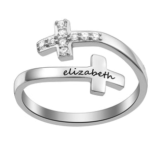 Sterling Silver Engraved Name Double Cross Ring with Crystals