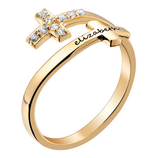 14K Gold over Sterling Engraved Name Double Cross Ring with Crystals