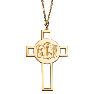14K Gold over Sterling Engraved Monogram Cross Necklace