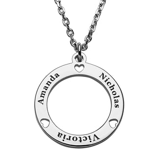 Sterling Silver Petite Engraved Name Circle with Hearts Necklace