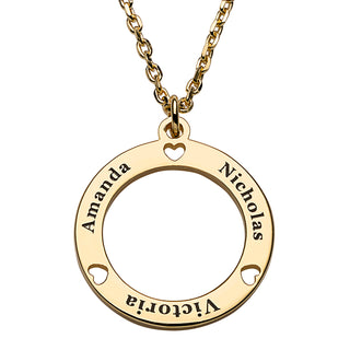 14K Gold over Sterling Petite Engraved Name Circle with Hearts Necklace