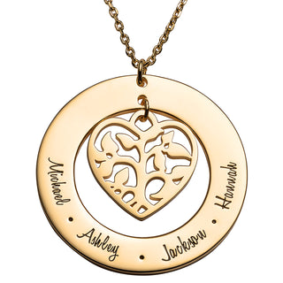14K Gold over Sterling Family Name and Heart Family Tree Necklace