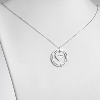 Sterling Silver Engraved Family Name Heart and Circle Necklace