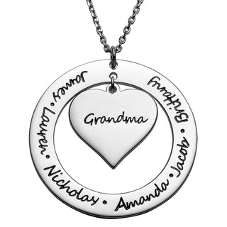 Sterling Silver Engraved Family Name Heart and Circle Necklace