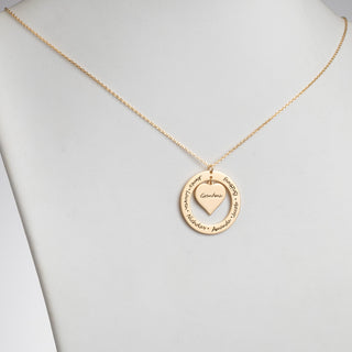 14K Gold over Sterling Engraved Family Name Heart and Circle Necklace