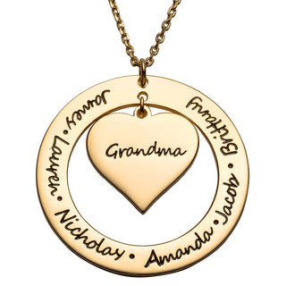 14K Gold over Sterling Engraved Family Name Heart and Circle Necklace