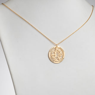 14K Gold over Sterling Engraved Family Name with Filigree Disc Necklace