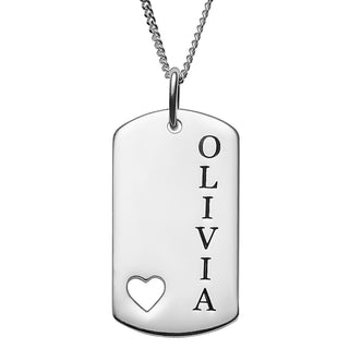Sterling Silver Engraved Name Dog Tag with Heart Cut-out Pendant