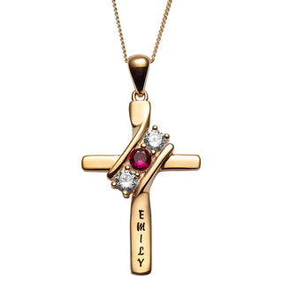 14K Gold over Sterling Engraved Name and Genuine Birthstone Cross Pendant