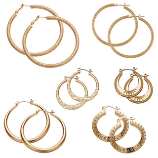 14K Gold Plated 6 Pair Textured Hoop Earrings Set